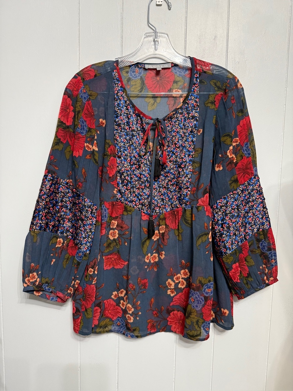 #18) Daniel Rainn Navy Floral Tie-Neck Peasant Blouse with Red Print